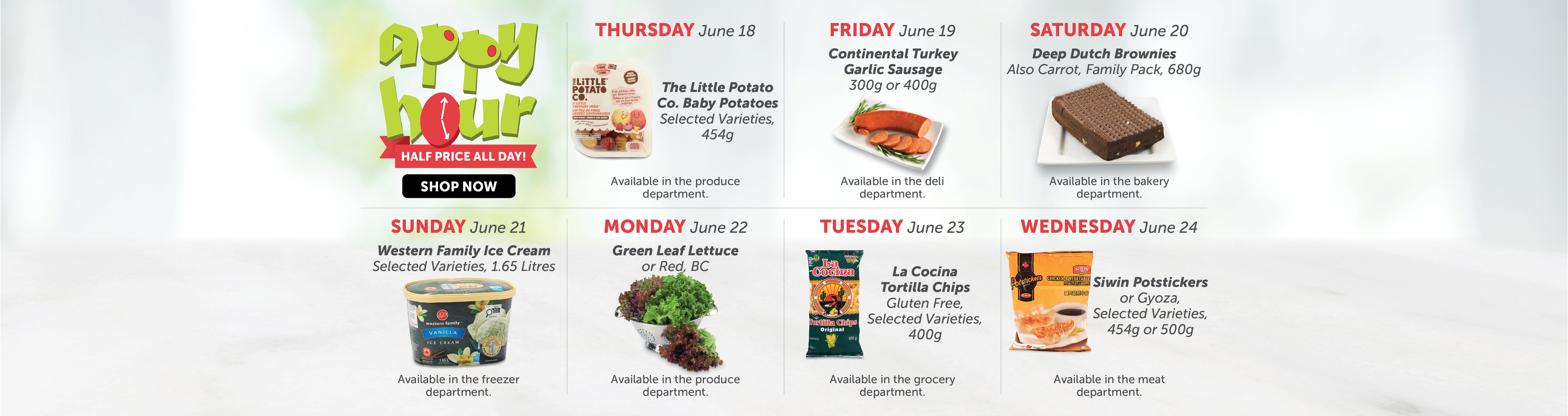 Quality Foods Appy Hour promotion featuring a daily half-price shoppable item, with new deals available every day.