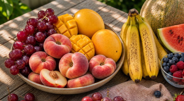 fruit bowl with grapes mango peach