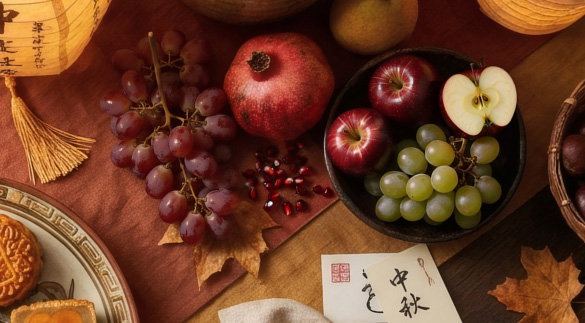 mid-autumn festival fruits apples grapes pomegranate
