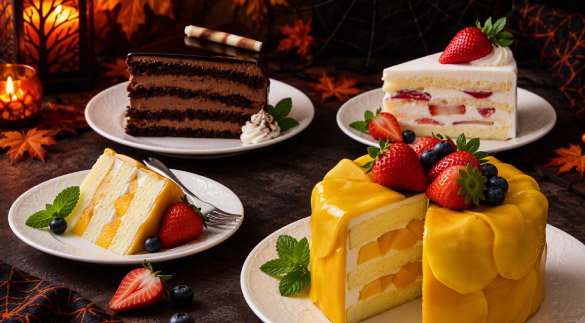 sliced cakes including mango cream cake and strawberry shortcake