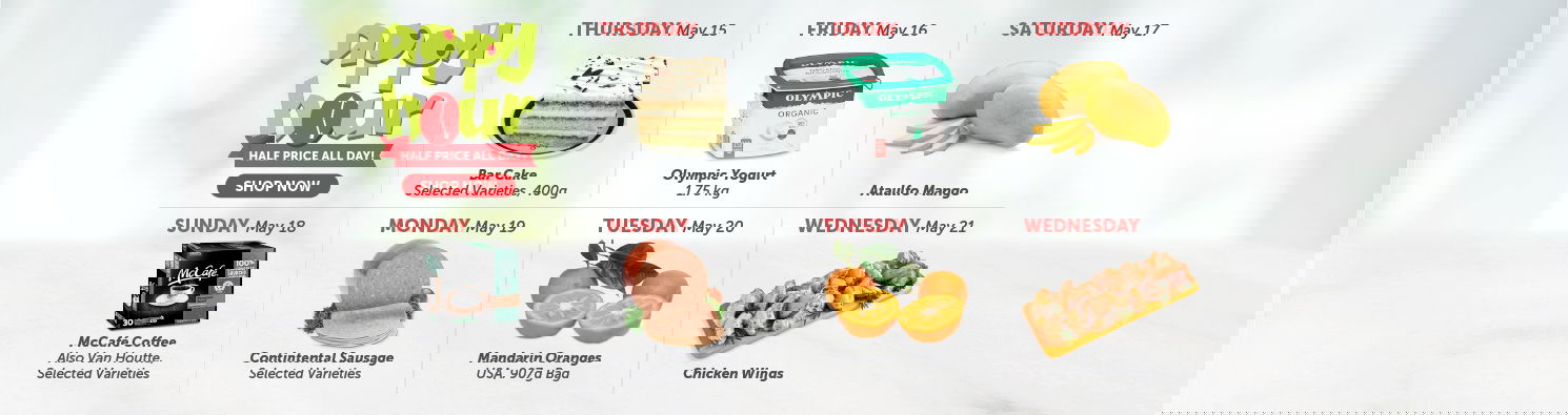 Quality Foods Appy Hour promotion featuring a daily half-price shoppable item, with new deals available every day.