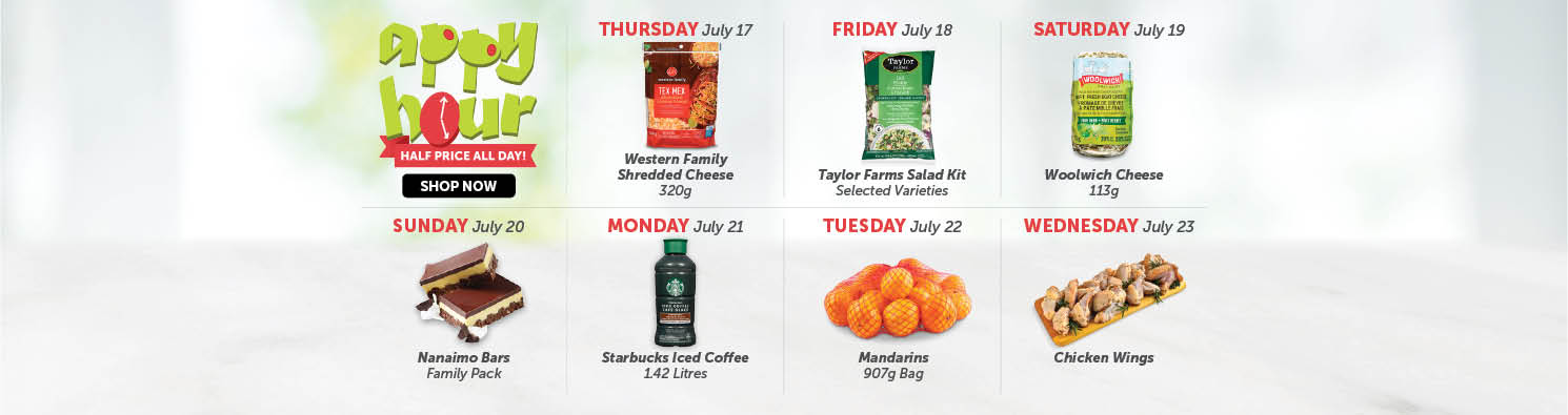 Quality Foods Appy Hour promotion featuring a daily half-price shoppable item, with new deals available every day.