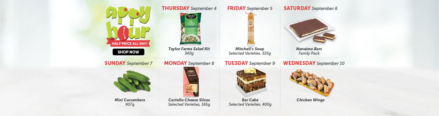 Quality Foods Appy Hour promotion featuring a daily half-price shoppable item, with new deals available every day.