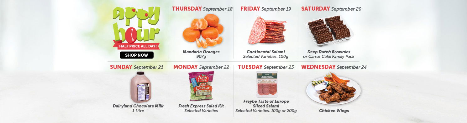 Quality Foods Appy Hour promotion featuring a daily half-price shoppable item, with new deals available every day.