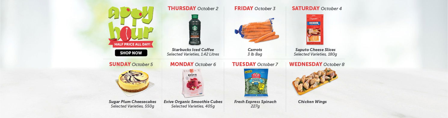Quality Foods Appy Hour promotion featuring a daily half-price shoppable item, with new deals available every day.