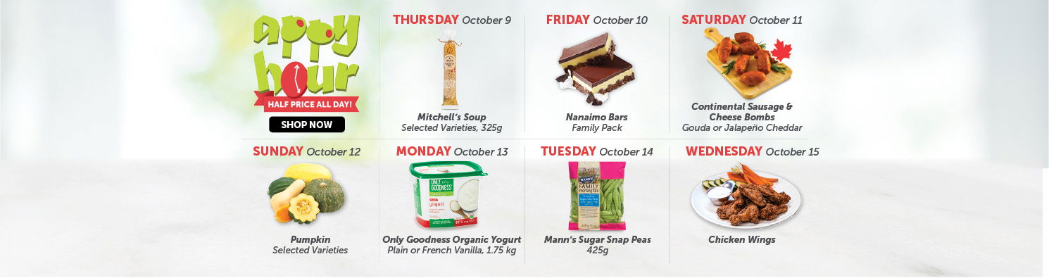 Quality Foods Appy Hour promotion featuring a daily half-price shoppable item, with new deals available every day.