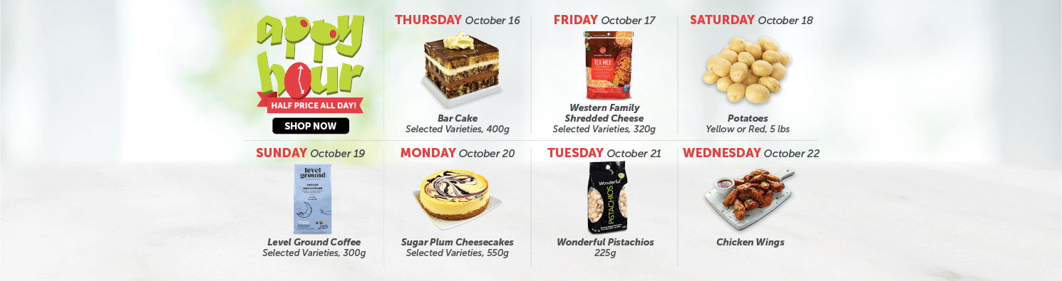 Quality Foods Appy Hour promotion featuring a daily half-price shoppable item, with new deals available every day.
