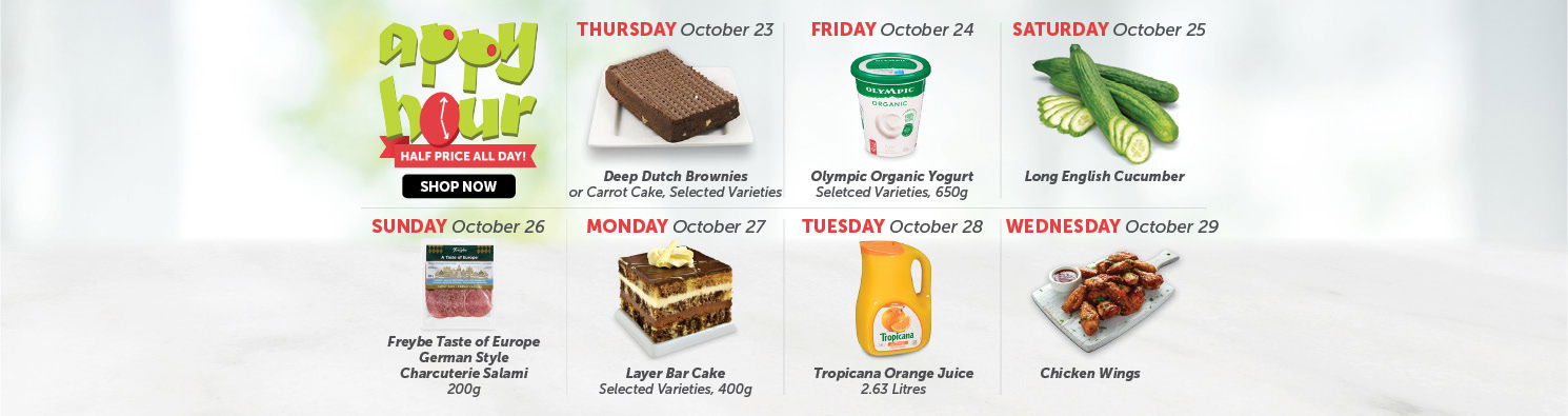 Quality Foods Appy Hour promotion featuring a daily half-price shoppable item, with new deals available every day.
