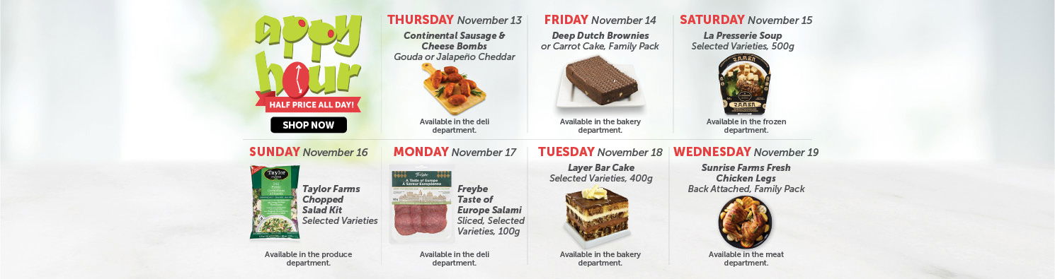 Quality Foods Appy Hour promotion featuring a daily half-price shoppable item, with new deals available every day.