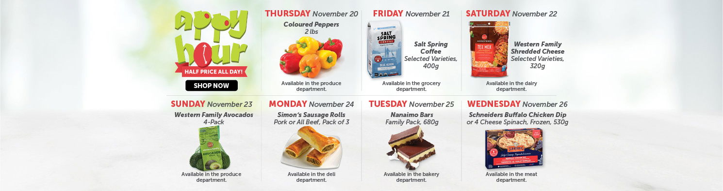 Quality Foods Appy Hour promotion featuring a daily half-price shoppable item, with new deals available every day.