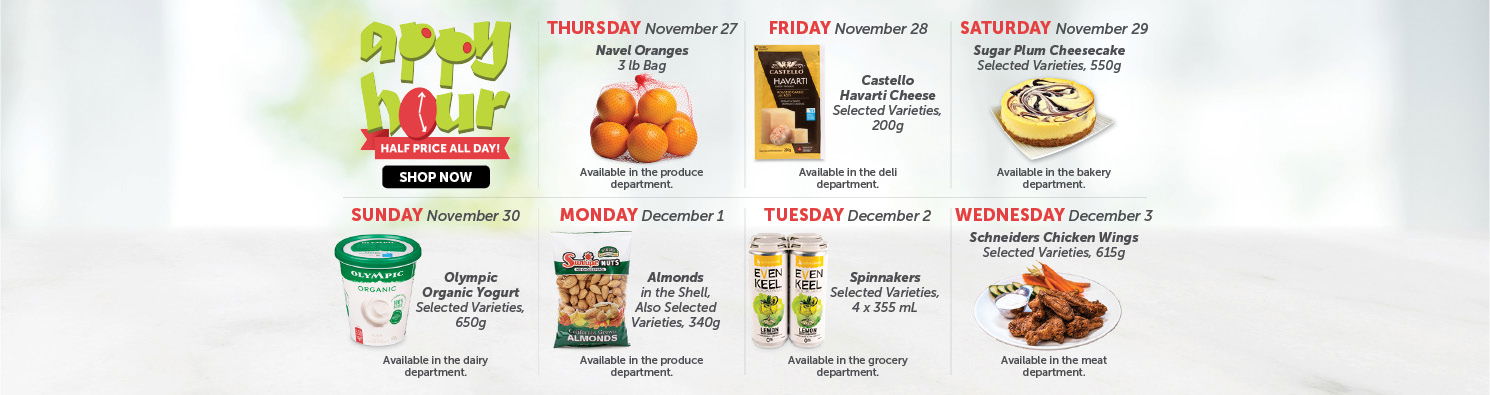 Quality Foods Appy Hour promotion featuring a daily half-price shoppable item, with new deals available every day.
