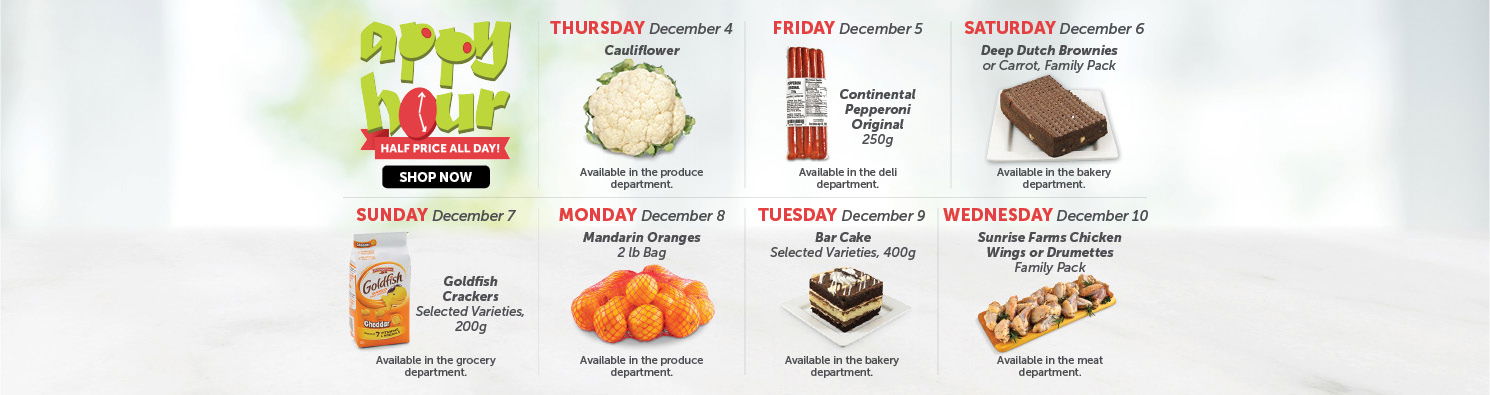 Quality Foods Appy Hour promotion featuring a daily half-price shoppable item, with new deals available every day.