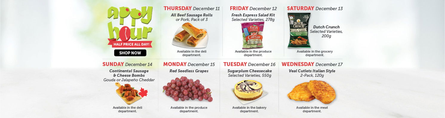 Quality Foods Appy Hour promotion featuring a daily half-price shoppable item, with new deals available every day.