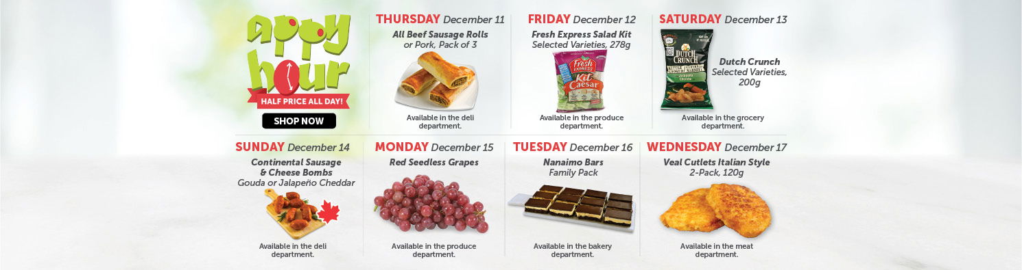 Quality Foods Appy Hour promotion featuring a daily half-price shoppable item, with new deals available every day.