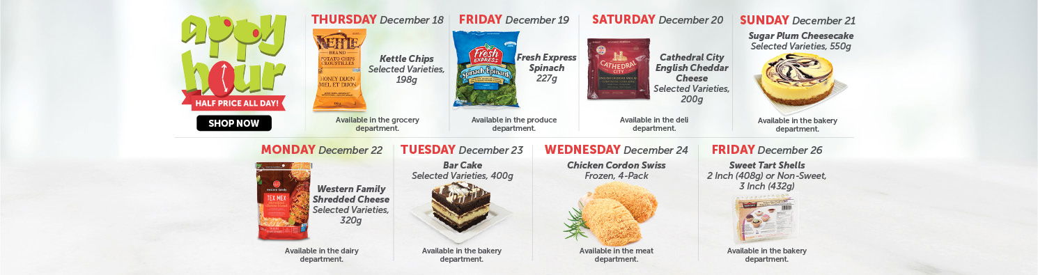 Quality Foods Appy Hour promotion featuring a daily half-price shoppable item, with new deals available every day.