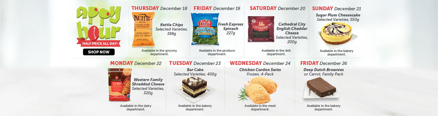 Quality Foods Appy Hour promotion featuring a daily half-price shoppable item, with new deals available every day.