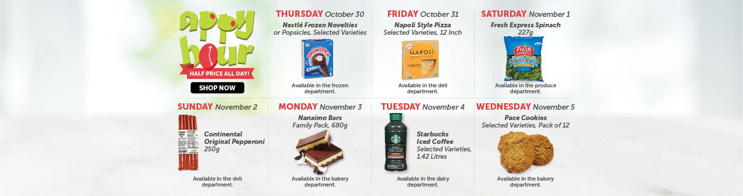 Quality Foods Appy Hour promotion featuring a daily half-price shoppable item, with new deals available every day.