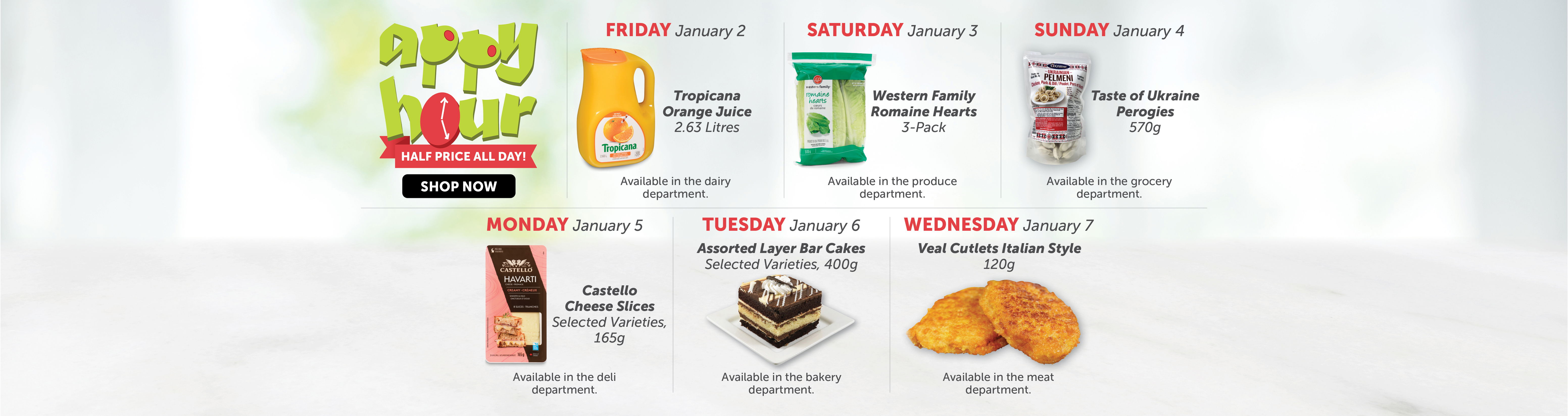 Quality Foods Appy Hour promotion featuring a daily half-price shoppable item, with new deals available every day.