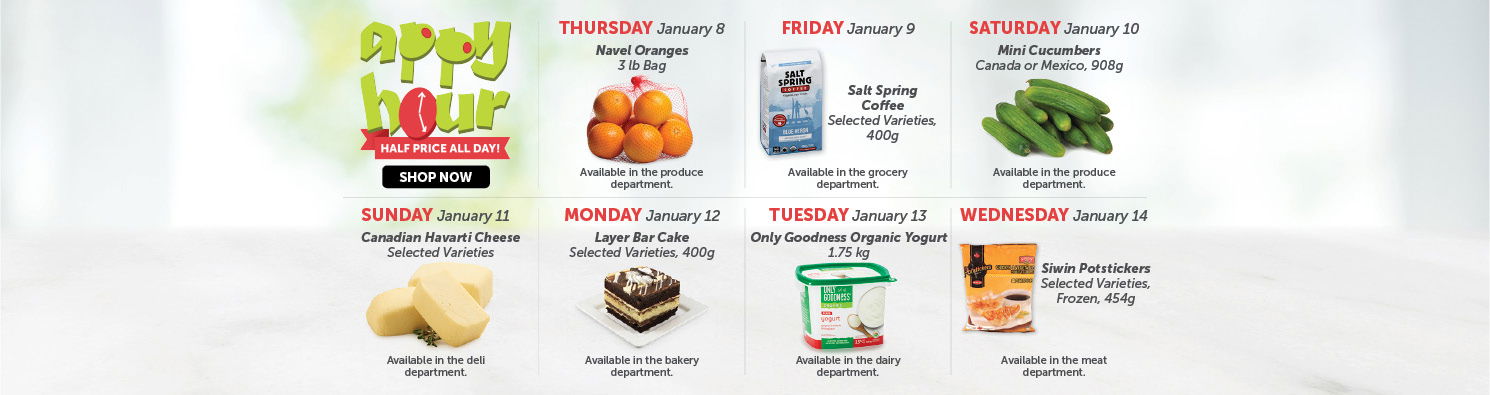 Quality Foods Appy Hour promotion featuring a daily half-price shoppable item, with new deals available every day.