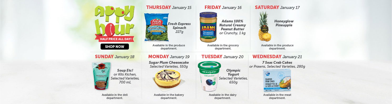Quality Foods Appy Hour promotion featuring a daily half-price shoppable item, with new deals available every day.