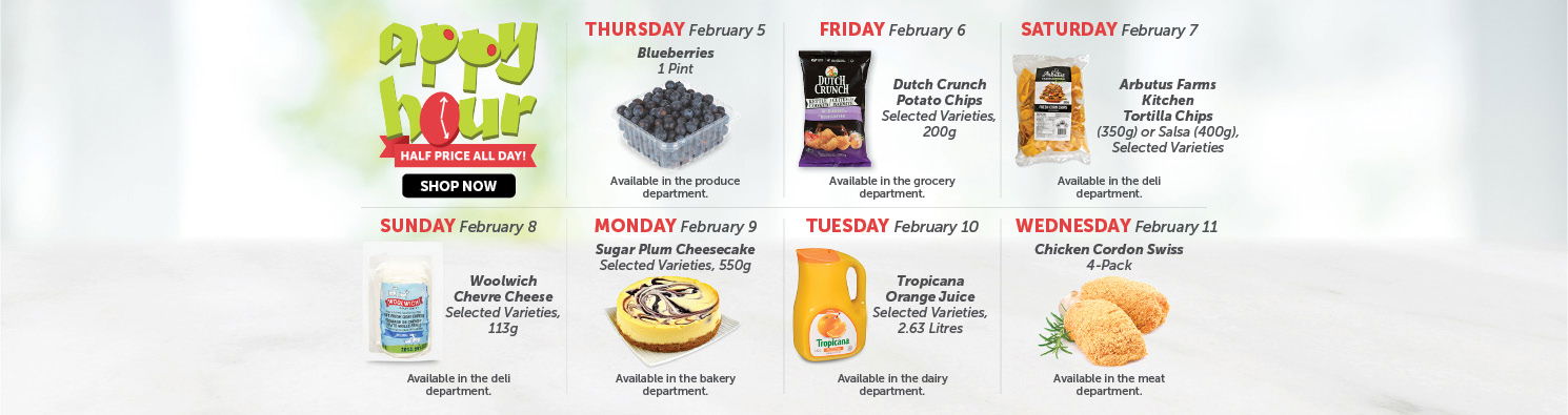 Quality Foods Appy Hour promotion featuring a daily half-price shoppable item, with new deals available every day.