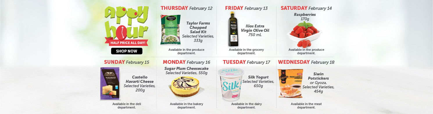 Quality Foods Appy Hour promotion featuring a daily half-price shoppable item, with new deals available every day.