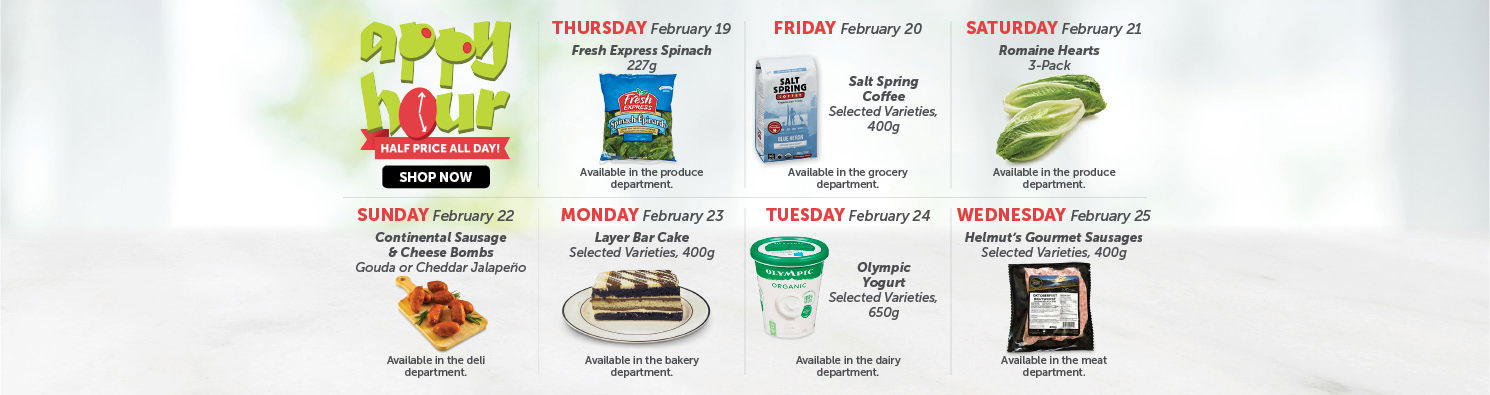 Quality Foods Appy Hour promotion featuring a daily half-price shoppable item, with new deals available every day.