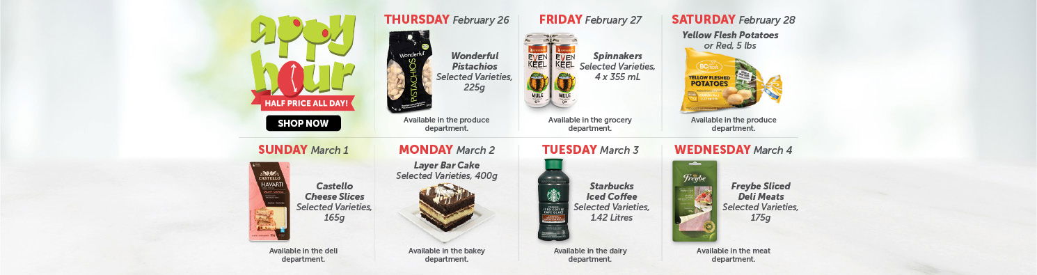 Quality Foods Appy Hour promotion featuring a daily half-price shoppable item, with new deals available every day.