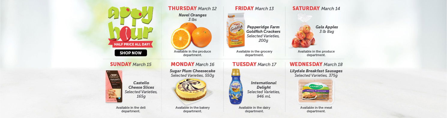 Quality Foods Appy Hour promotion featuring a daily half-price shoppable item, with new deals available every day.