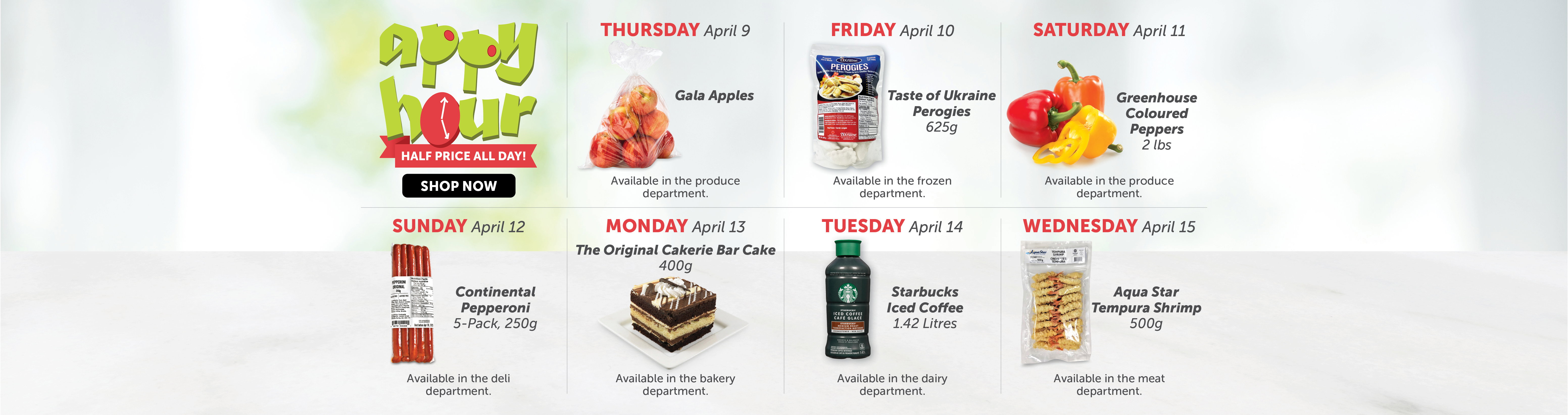 Quality Foods Appy Hour promotion featuring a daily half-price shoppable item, with new deals available every day.