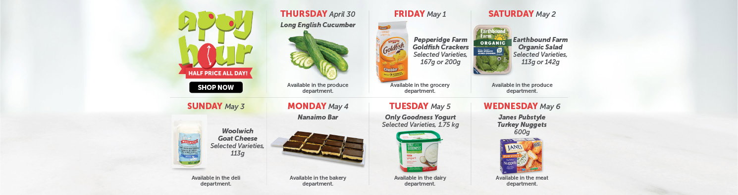 Quality Foods Appy Hour promotion featuring a daily half-price shoppable item, with new deals available every day.