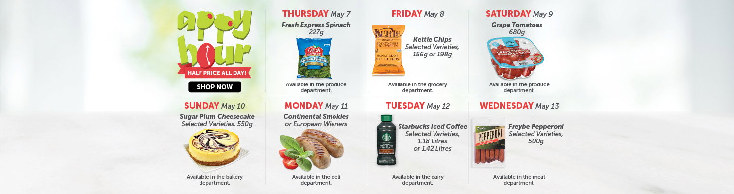 Quality Foods Appy Hour promotion featuring a daily half-price shoppable item, with new deals available every day.