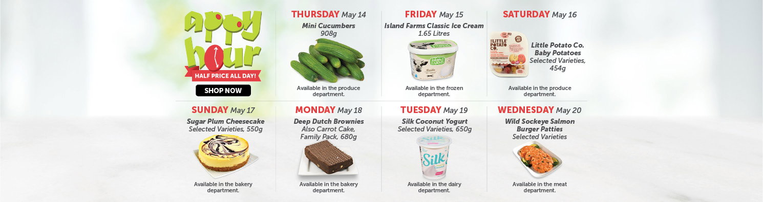 Quality Foods Appy Hour promotion featuring a daily half-price shoppable item, with new deals available every day.