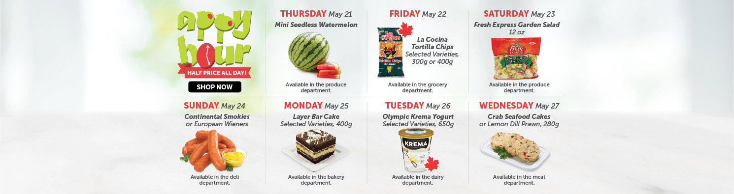 Quality Foods Appy Hour promotion featuring a daily half-price shoppable item, with new deals available every day.