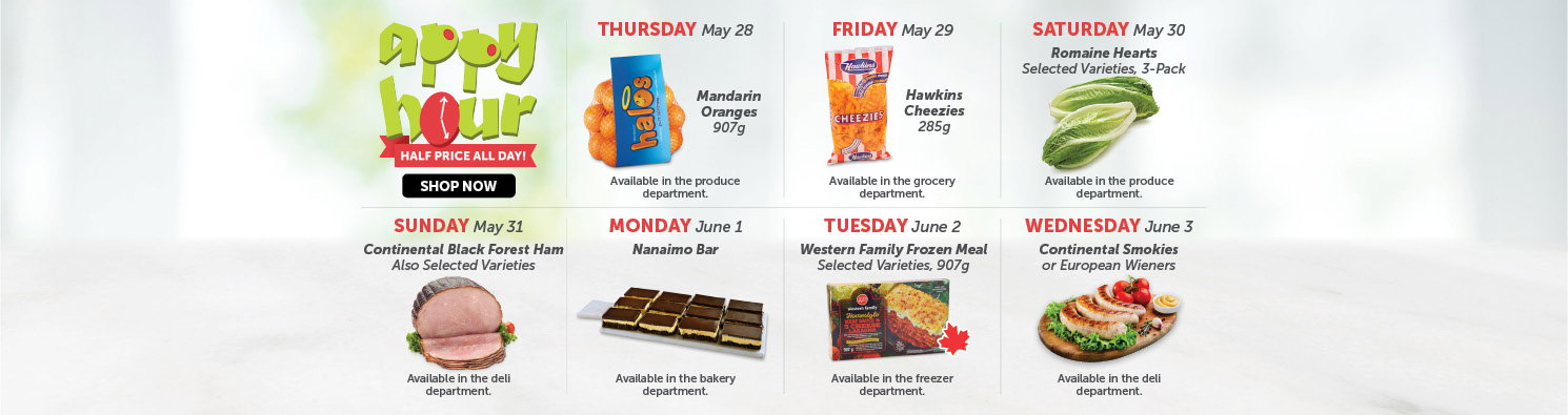 Quality Foods Appy Hour promotion featuring a daily half-price shoppable item, with new deals available every day.