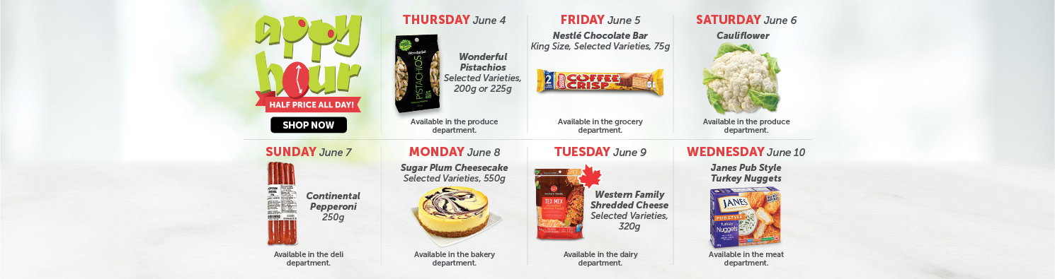 Quality Foods Appy Hour promotion featuring a daily half-price shoppable item, with new deals available every day.