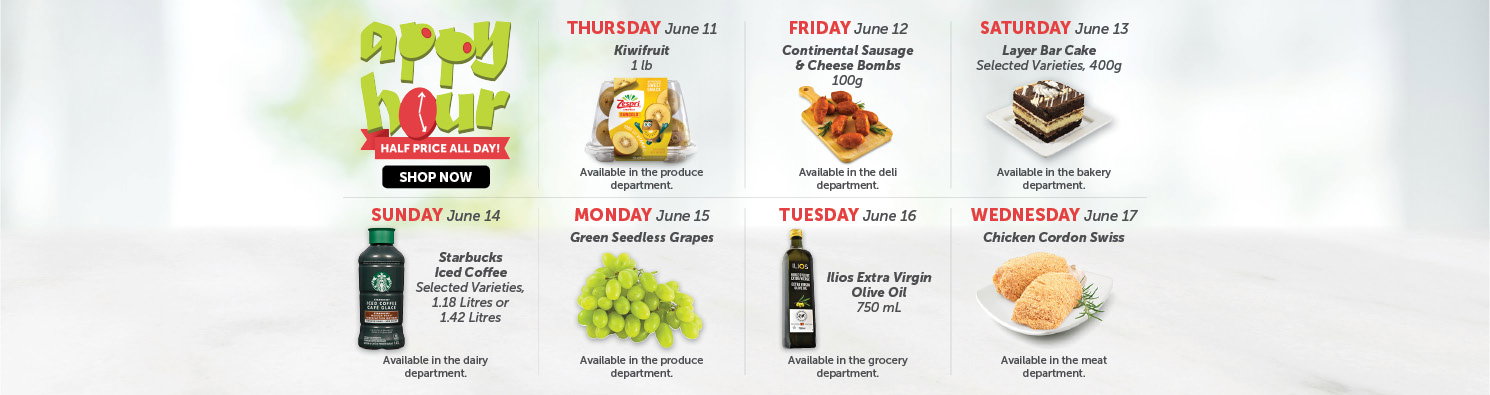 Quality Foods Appy Hour promotion featuring a daily half-price shoppable item, with new deals available every day.