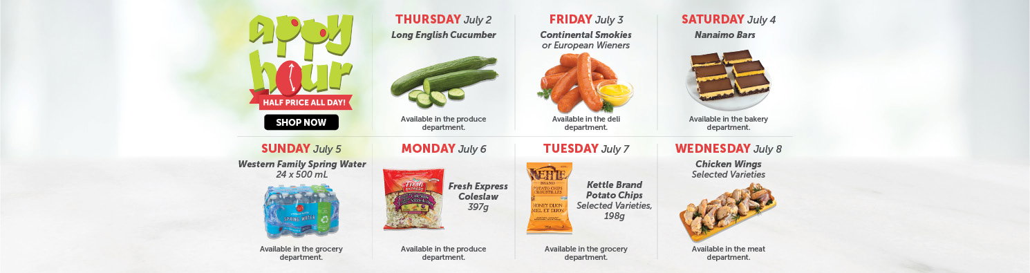 Quality Foods Appy Hour promotion featuring a daily half-price shoppable item, with new deals available every day.