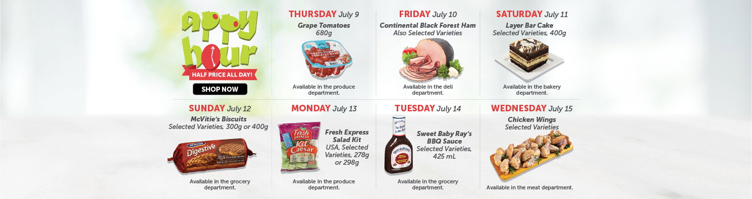 Quality Foods Appy Hour promotion featuring a daily half-price shoppable item, with new deals available every day.