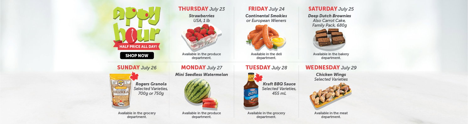 Quality Foods Appy Hour promotion featuring a daily half-price shoppable item, with new deals available every day.