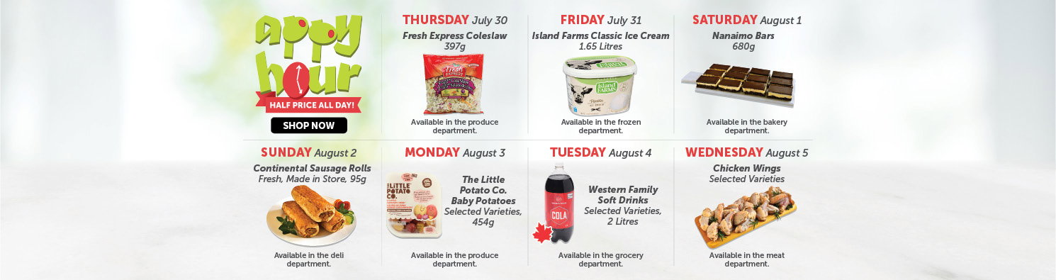 Quality Foods Appy Hour promotion featuring a daily half-price shoppable item, with new deals available every day.