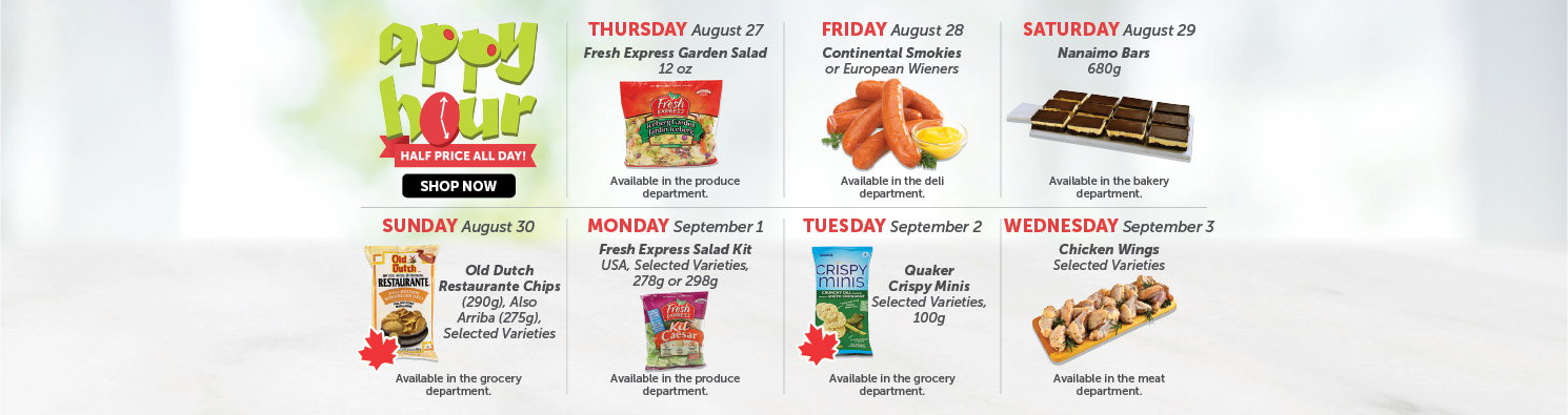 Quality Foods Appy Hour promotion featuring a daily half-price shoppable item, with new deals available every day.