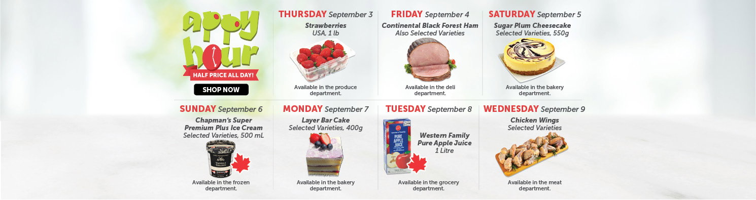 Quality Foods Appy Hour promotion featuring a daily half-price shoppable item, with new deals available every day.