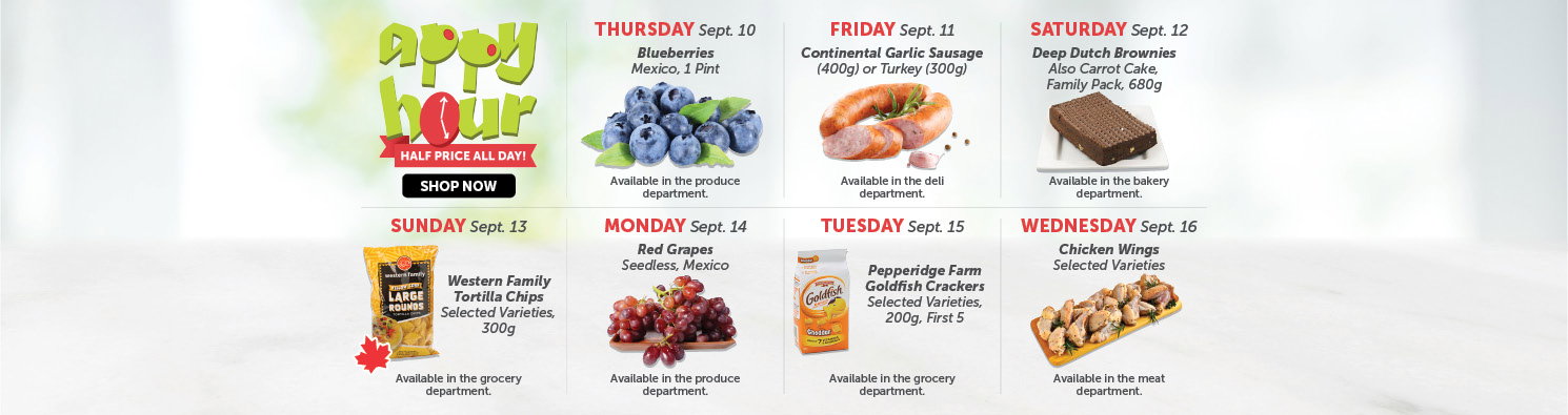 Quality Foods Appy Hour promotion featuring a daily half-price shoppable item, with new deals available every day.