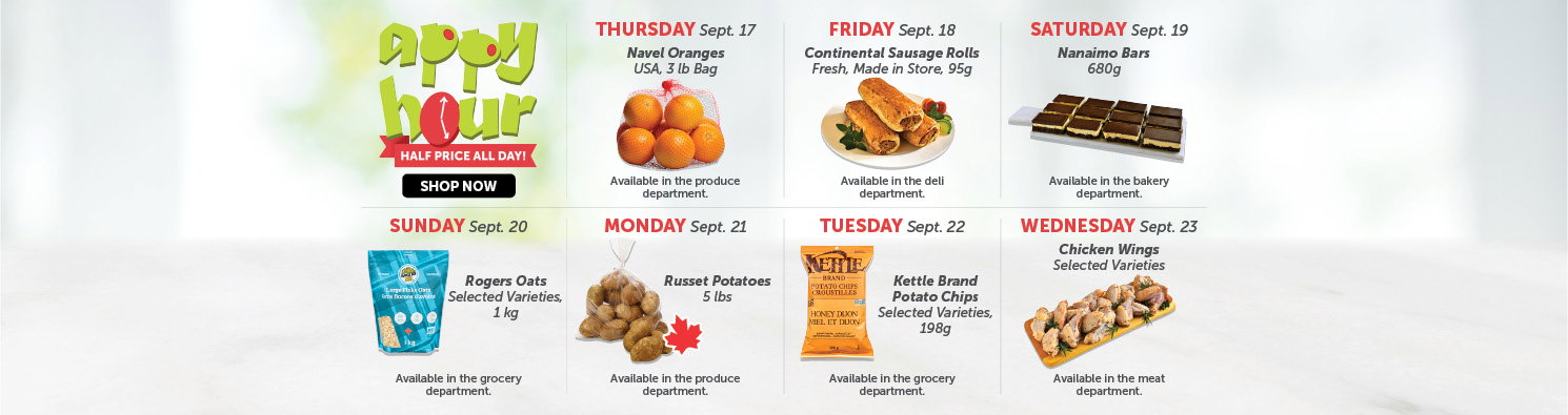 Quality Foods Appy Hour promotion featuring a daily half-price shoppable item, with new deals available every day.