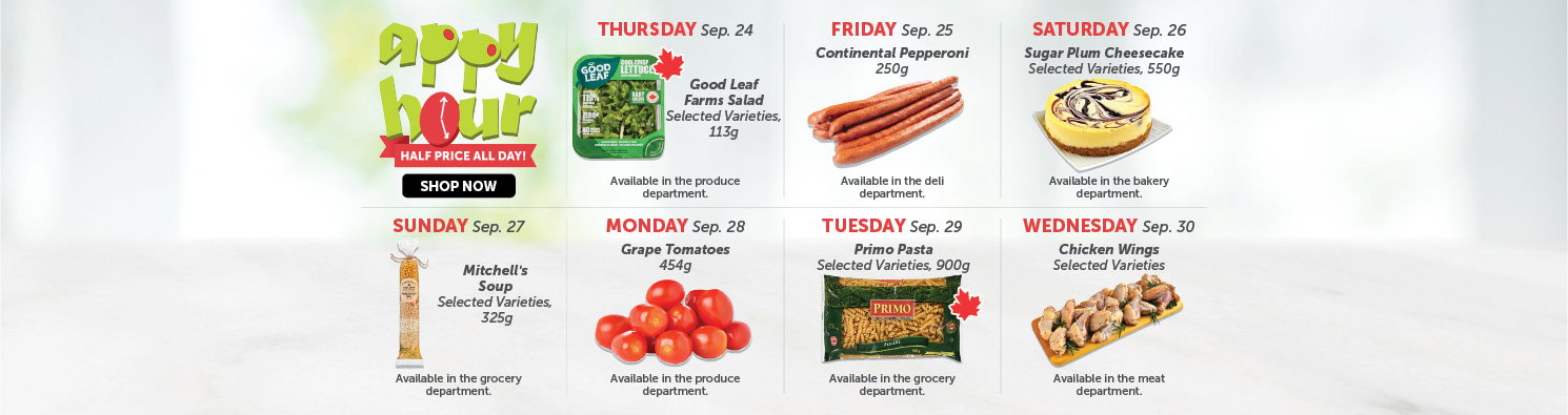Quality Foods Appy Hour promotion featuring a daily half-price shoppable item, with new deals available every day.