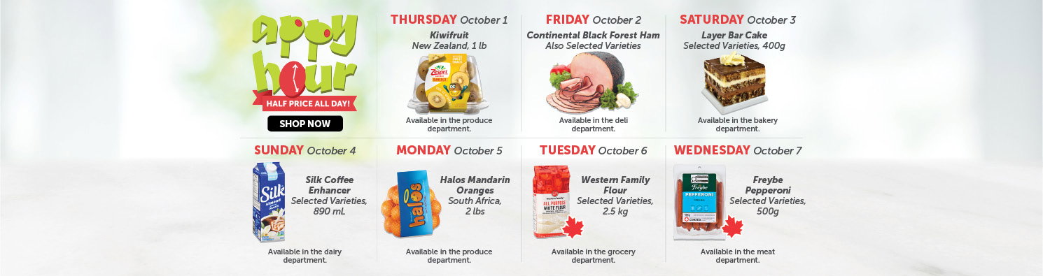 Quality Foods Appy Hour promotion featuring a daily half-price shoppable item, with new deals available every day.