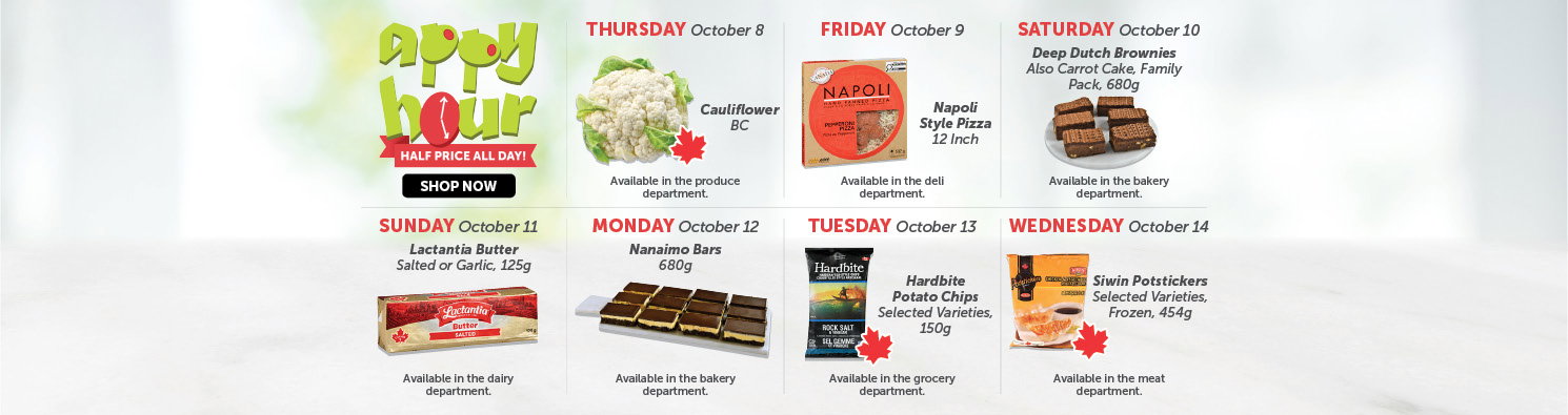 Quality Foods Appy Hour promotion featuring a daily half-price shoppable item, with new deals available every day.