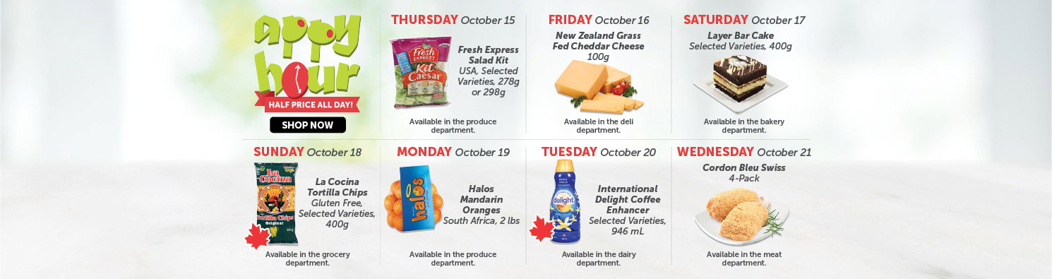 Quality Foods Appy Hour promotion featuring a daily half-price shoppable item, with new deals available every day.