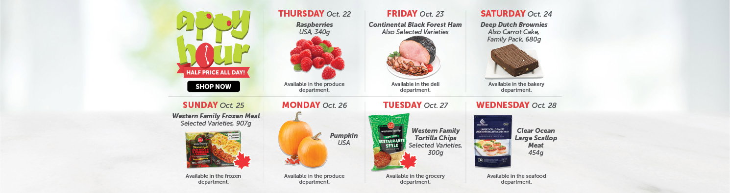 Quality Foods Appy Hour promotion featuring a daily half-price shoppable item, with new deals available every day.